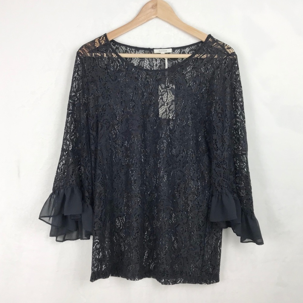𝅺nwt Pleione Lace Bell Sleeve Chiffon Ruffles Top Size M